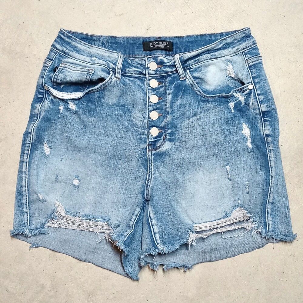Judy Blue Cora Shorts Size 1XL High Rise Distressed Stretch Denim Button Raw Hem